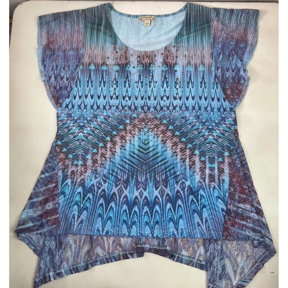 Energē World Wear Top L Blue Purple Abstract‎ Embellished Lace Fairycore Mermaid